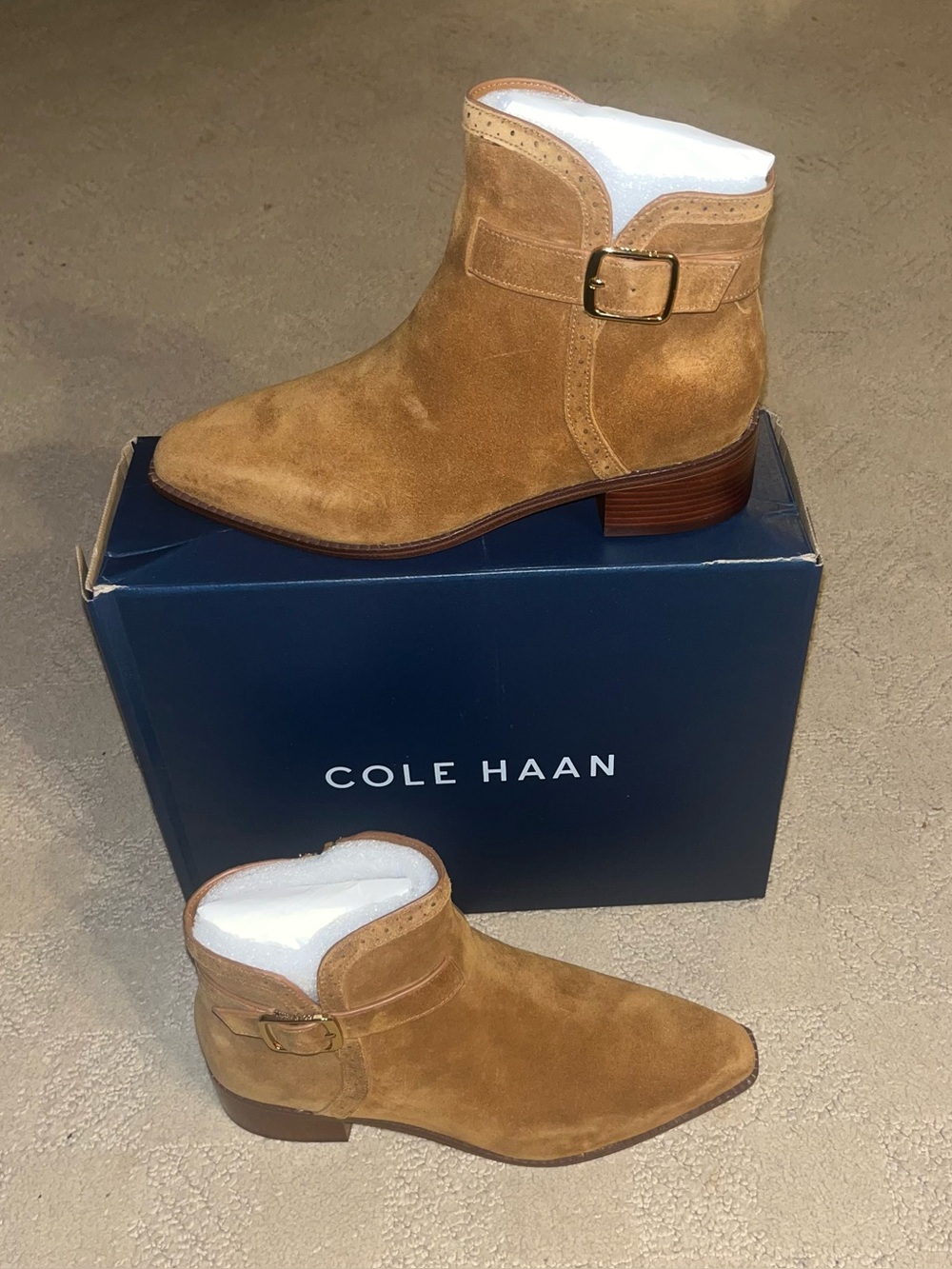 Cole Haan Norella Buckle Bootie Tobacco Suede Women’s Size 5 or 5B Snip Toe